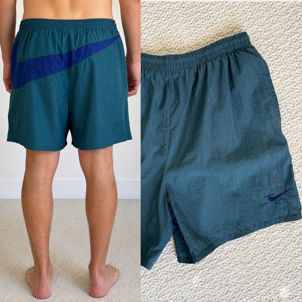 Vintage 90s Nike Windbreaker Shorts, Big Swoosh Teal Purple, Mesh Lined Large
